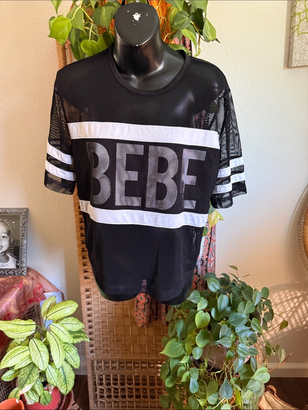 bebe Black Mesh Logo Tee with White Banding